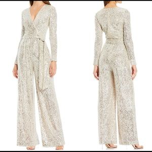 Silver Sequined Long-Sleeve Jumpsuit